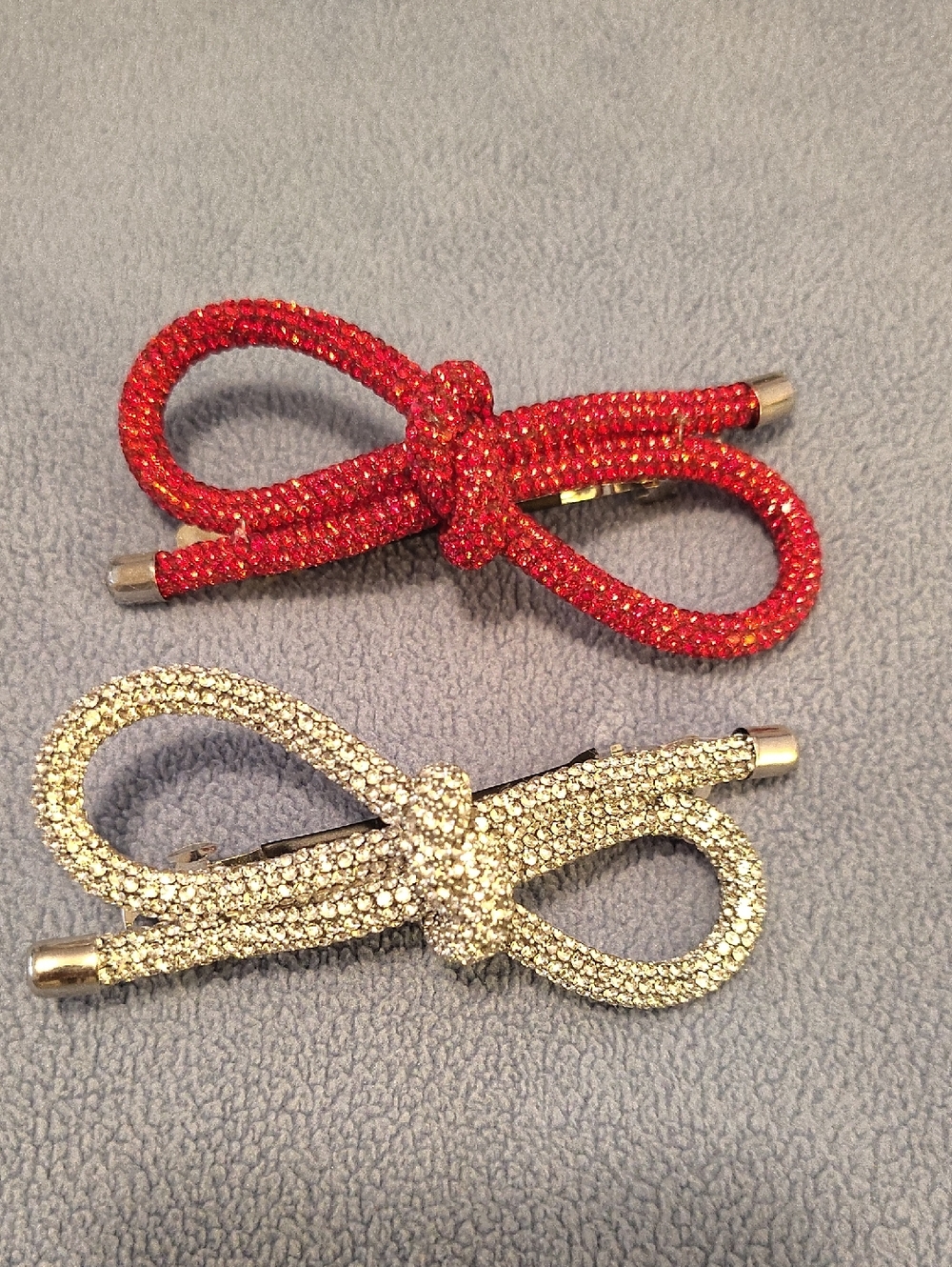 Sparkle Bow Hair Clips – Red & Silver Rhinestone Set